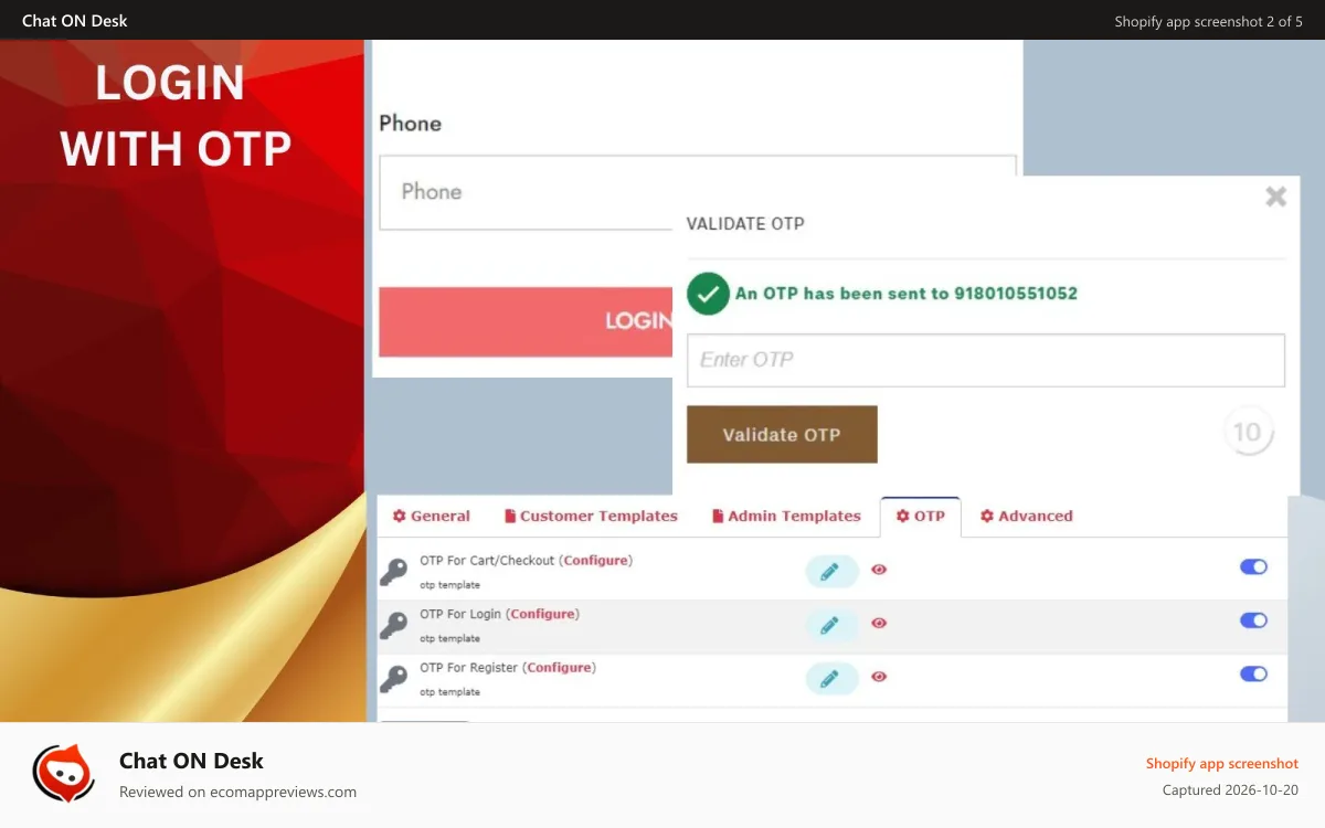 Chat ON Desk Shopify app screenshot: Login with OTP