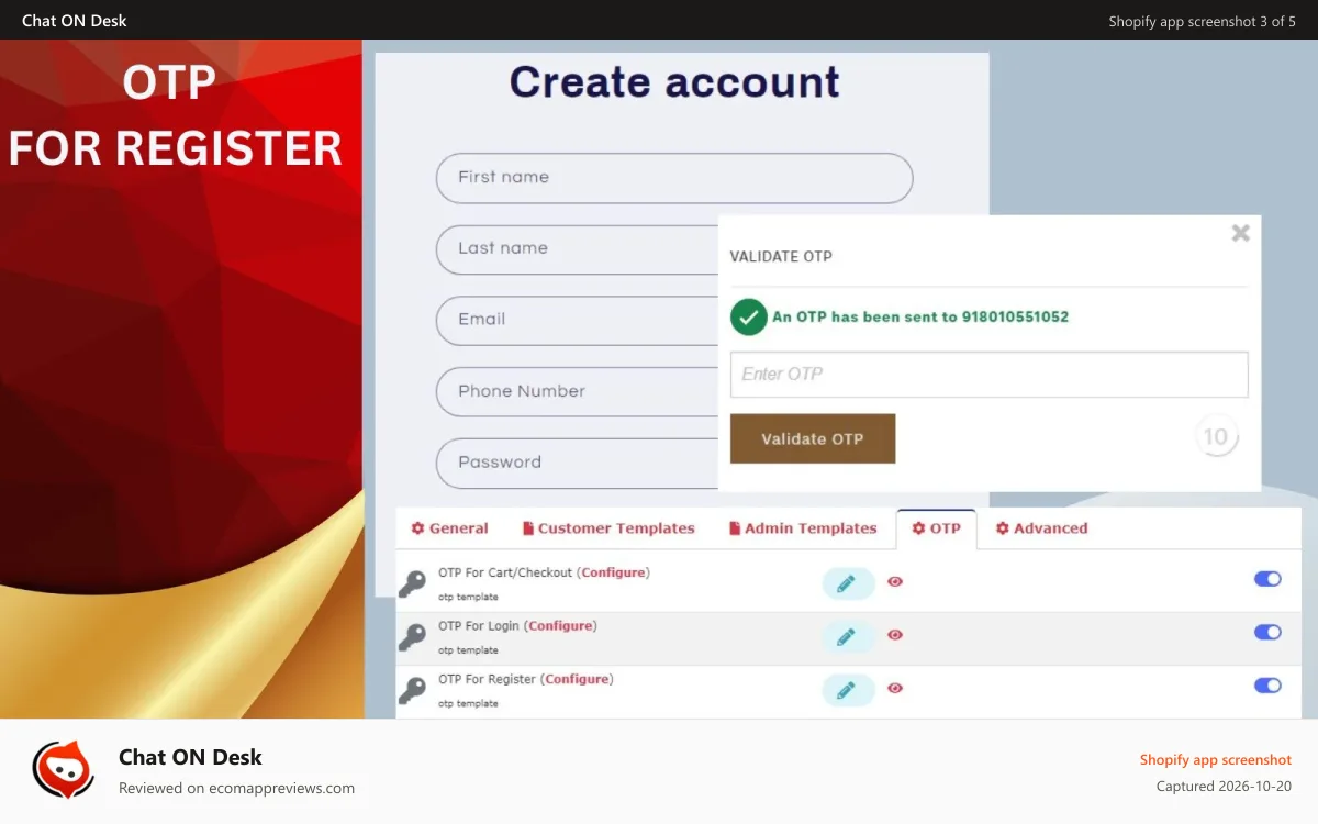 Chat ON Desk Shopify app screenshot: OTP for Registration