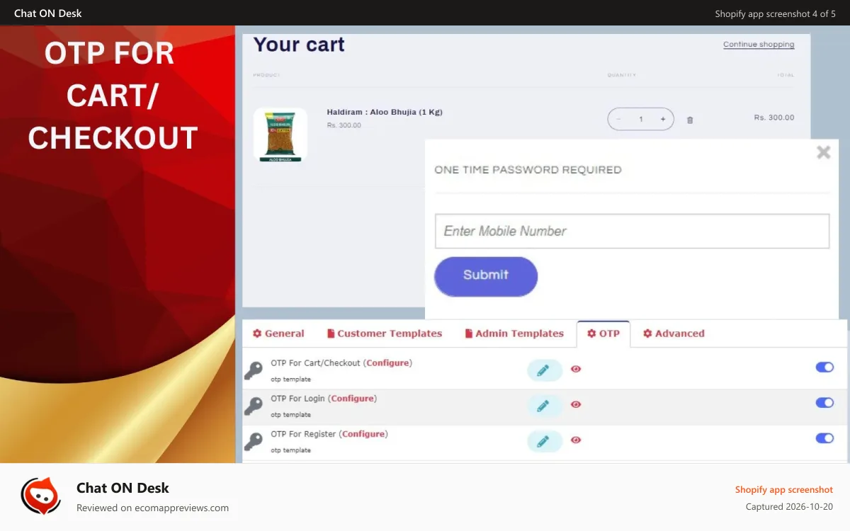 Chat ON Desk Shopify app screenshot: OTP for Cart