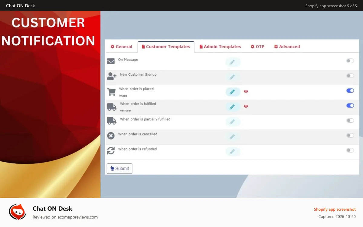 Chat ON Desk Shopify app screenshot: Customer Notifications