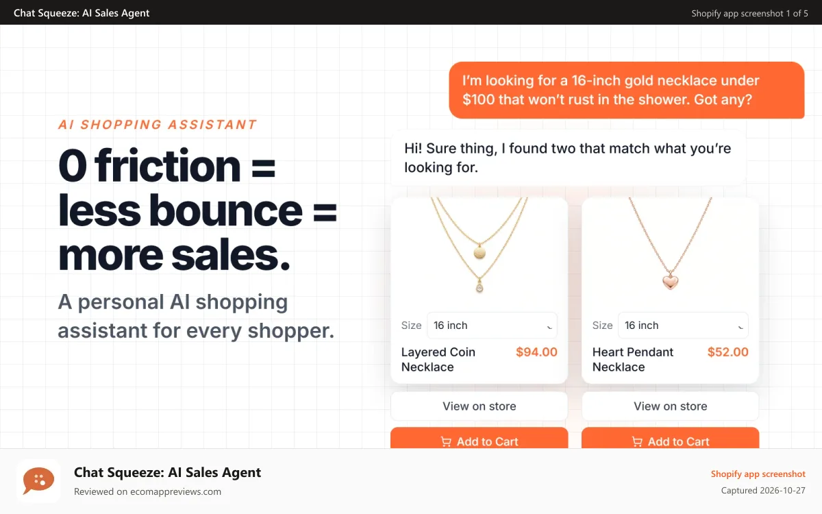 Chat Squeeze: AI Sales Agent Shopify app screenshot: AI shopping assistant helps a shopper choose and add to cart
