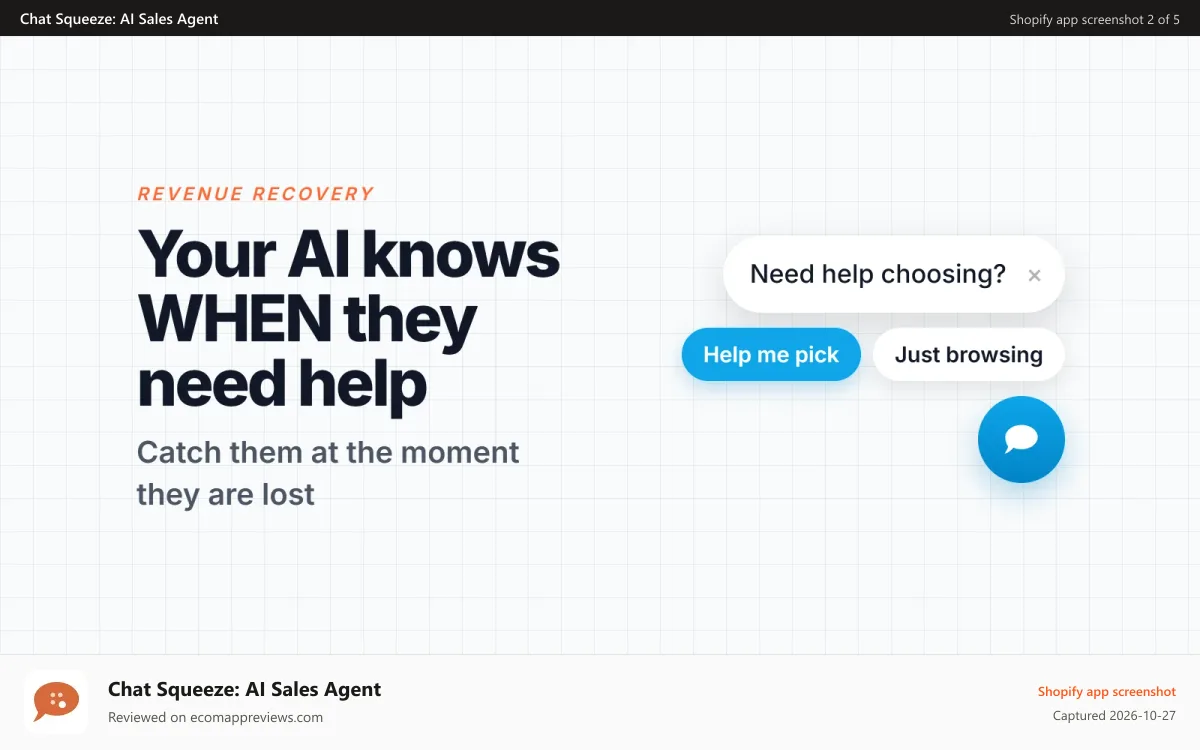 Chat Squeeze: AI Sales Agent Shopify app screenshot: Popup steps in when a shopper hesitates on a product page