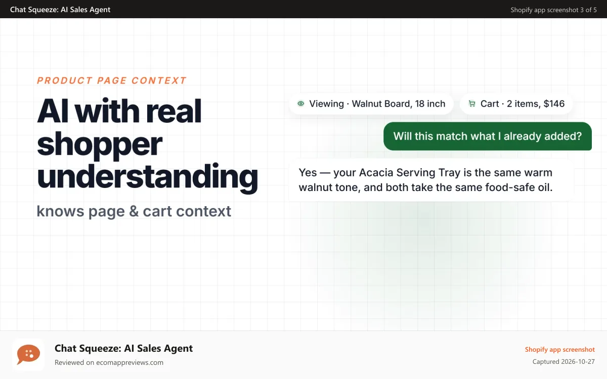 Chat Squeeze: AI Sales Agent Shopify app screenshot: AI sales agent answers a sizing question on a product page