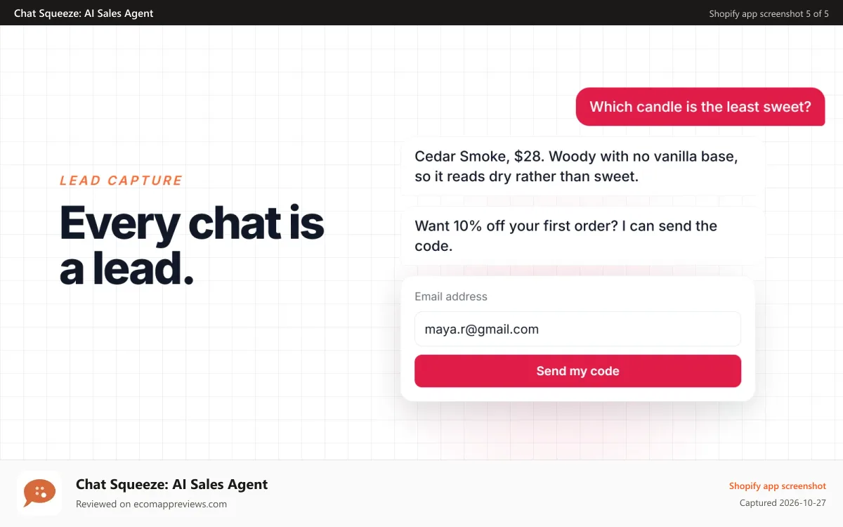 Chat Squeeze: AI Sales Agent Shopify app screenshot: Lead form inside the chat with name, email and consent