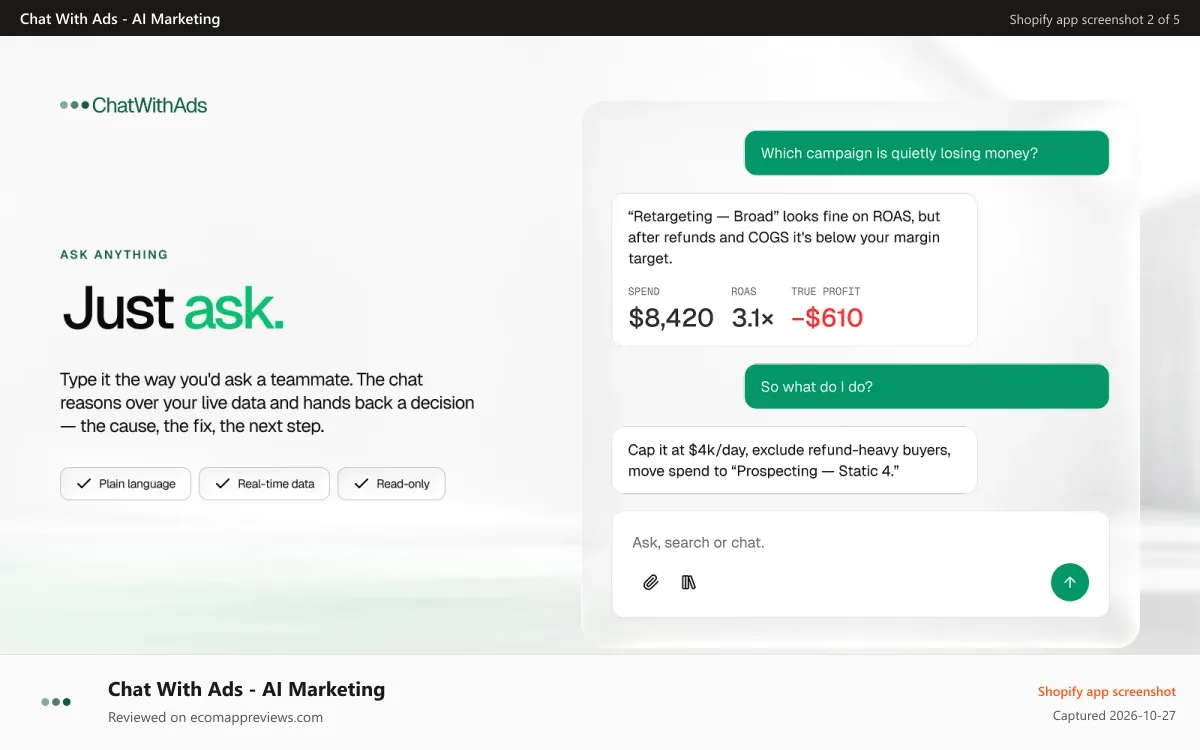 Chat With Ads ‑ AI Marketing Shopify app screenshot: Live AI Chat Insights