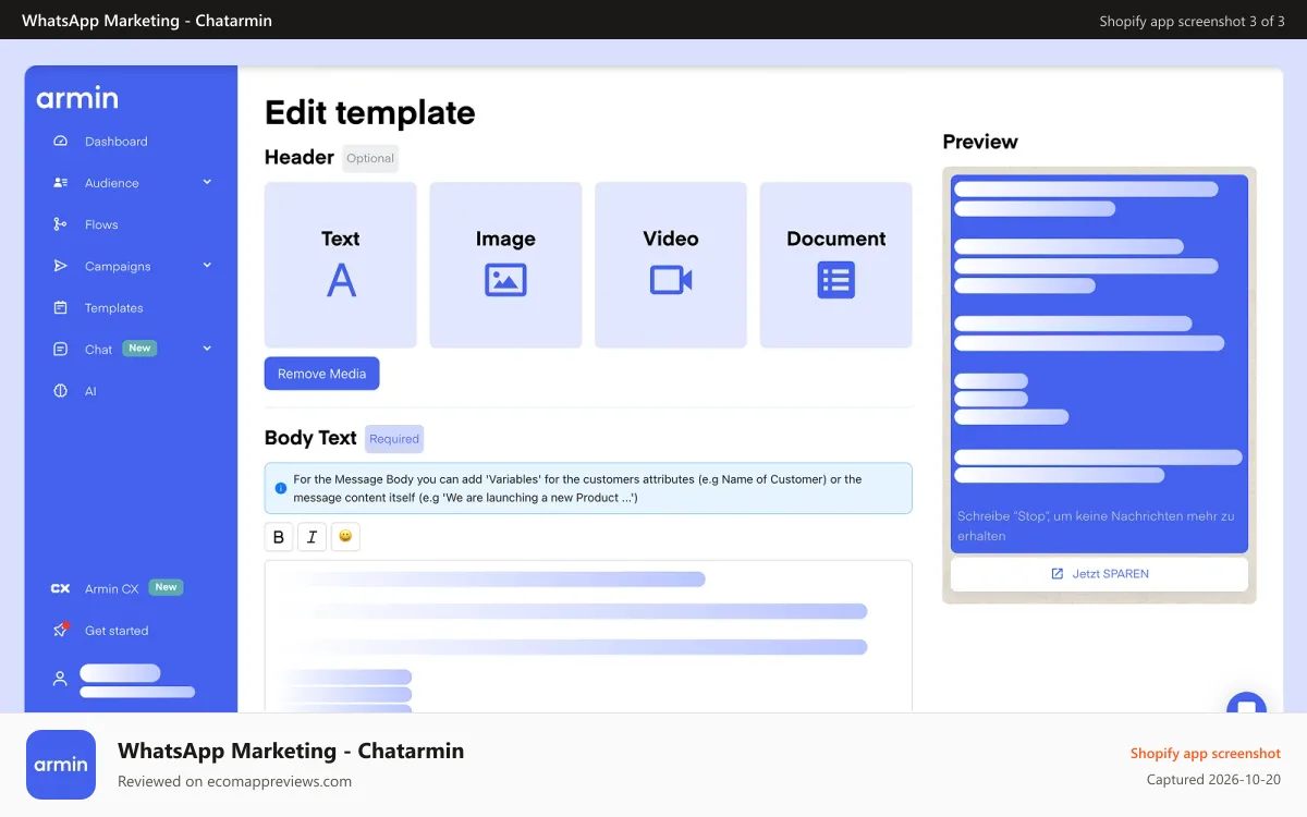 WhatsApp Marketing ‑ Chatarmin Shopify app screenshot: WhatsApp Chatarmin Create Message