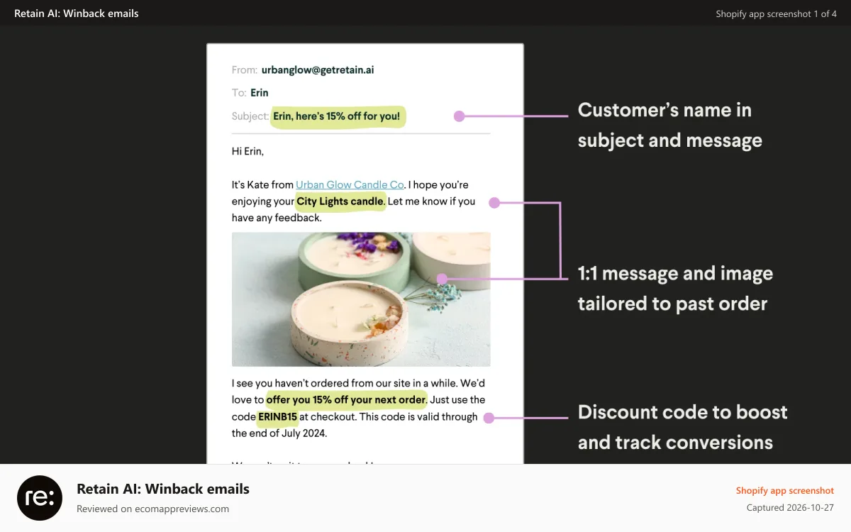 Retain AI: Winback emails Shopify app screenshot: Drive repeat orders with emails generated by AI