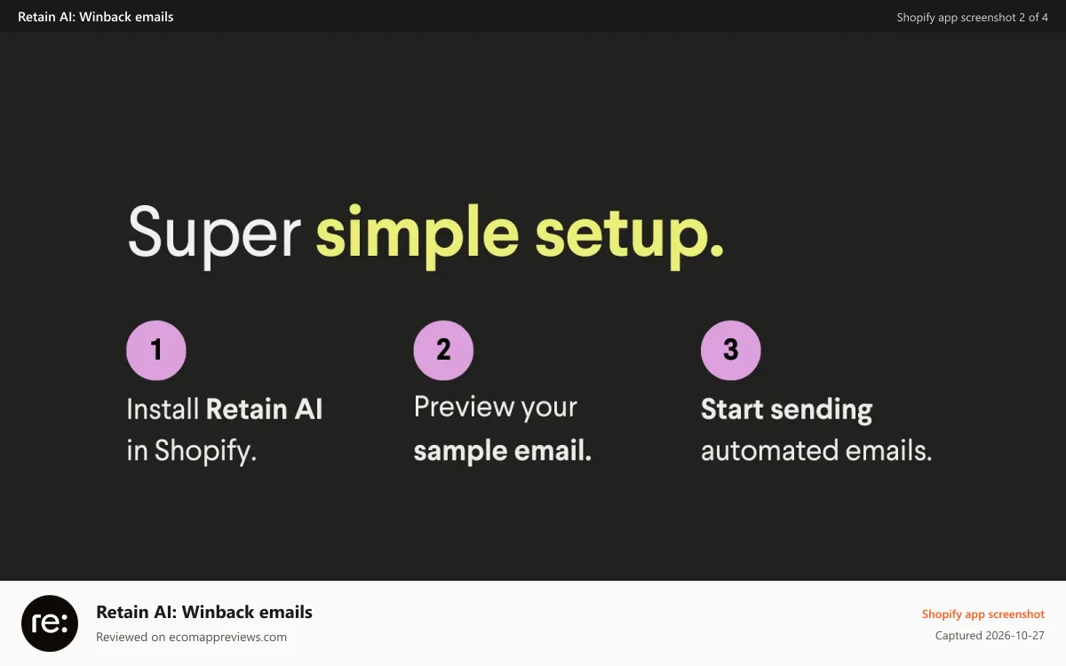Retain AI: Winback emails Shopify app screenshot: Set up in three steps -- start sending emails right away