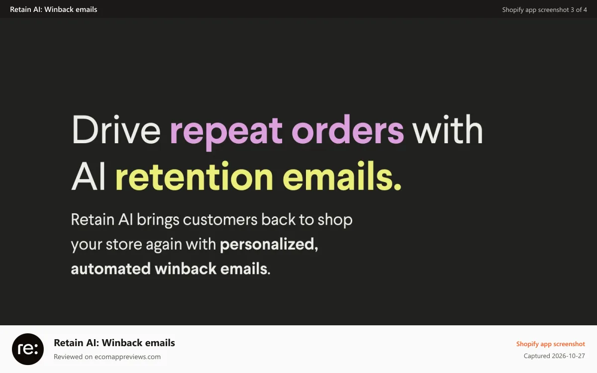 Retain AI: Winback emails Shopify app screenshot: Drive repeat orders and increase retention