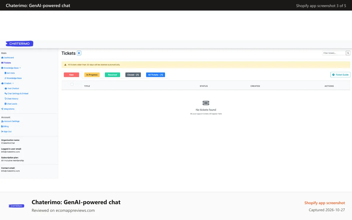 Chaterimo: GenAI‑powered chat Shopify app screenshot: chaterimo ticketing system