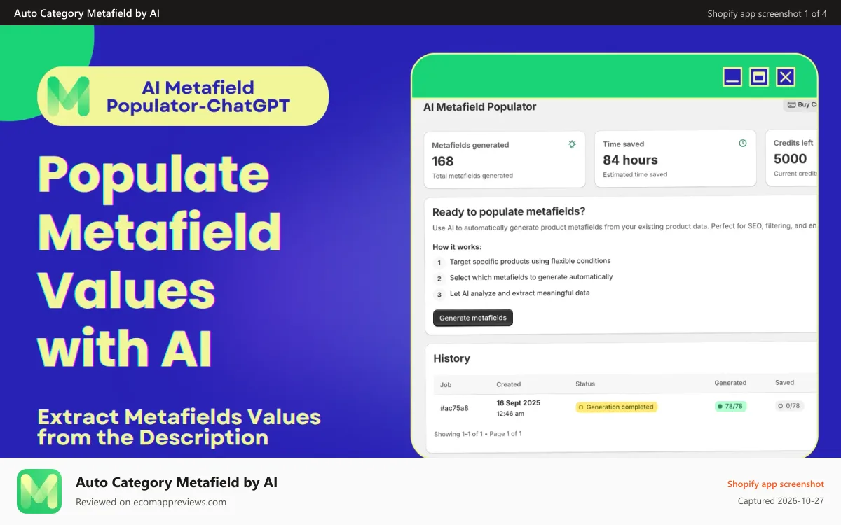 Auto Category Metafield by AI Shopify app screenshot: AI Metafield Populator-ChatGPT uses AI to fill meta fill data