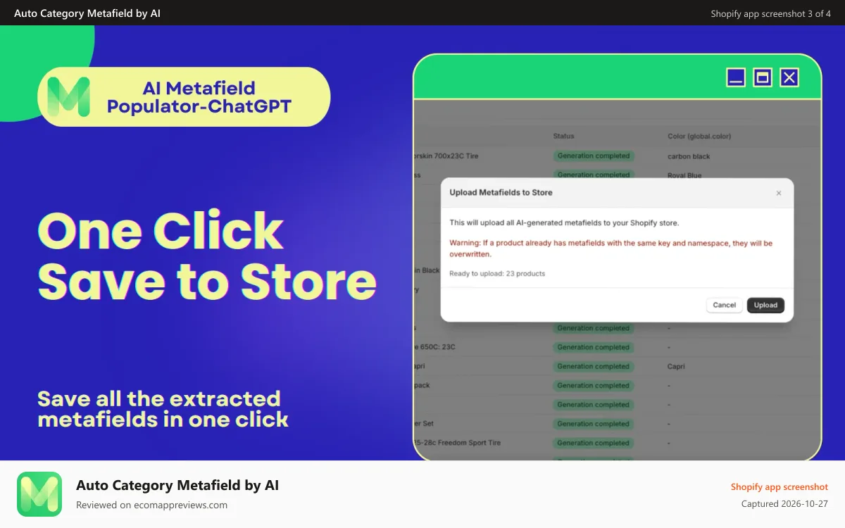 Auto Category Metafield by AI Shopify app screenshot: To save the extracted metafields data you can just Click Save