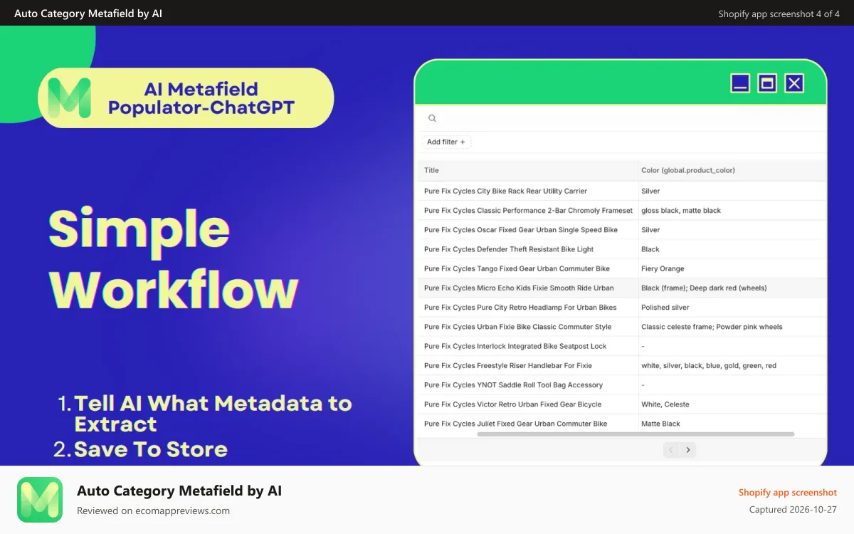 Auto Category Metafield by AI Shopify app screenshot: Simple workflow. Just tell what field to extract & save to store