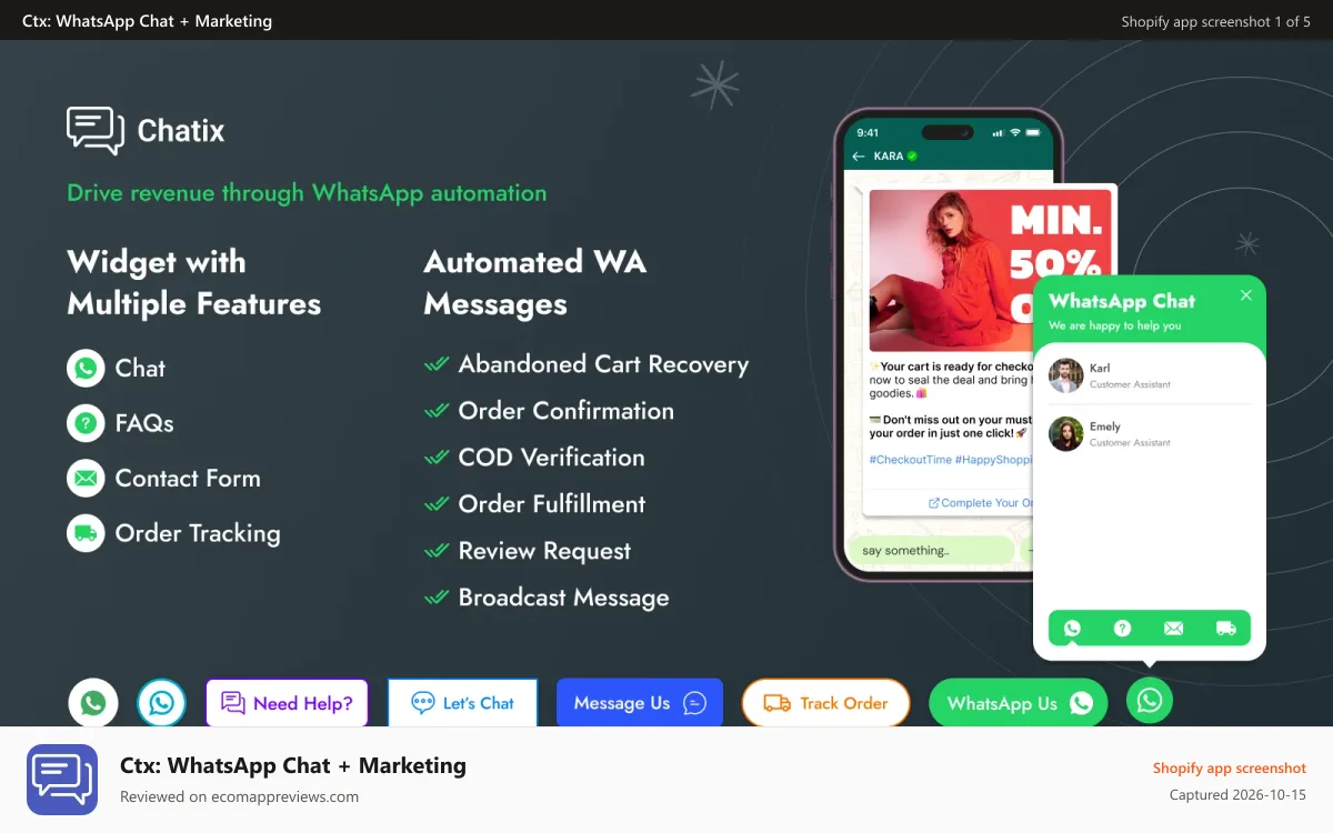 Ctx: WhatsApp Chat + Marketing Shopify app screenshot: whatsapp chat and cart recovery