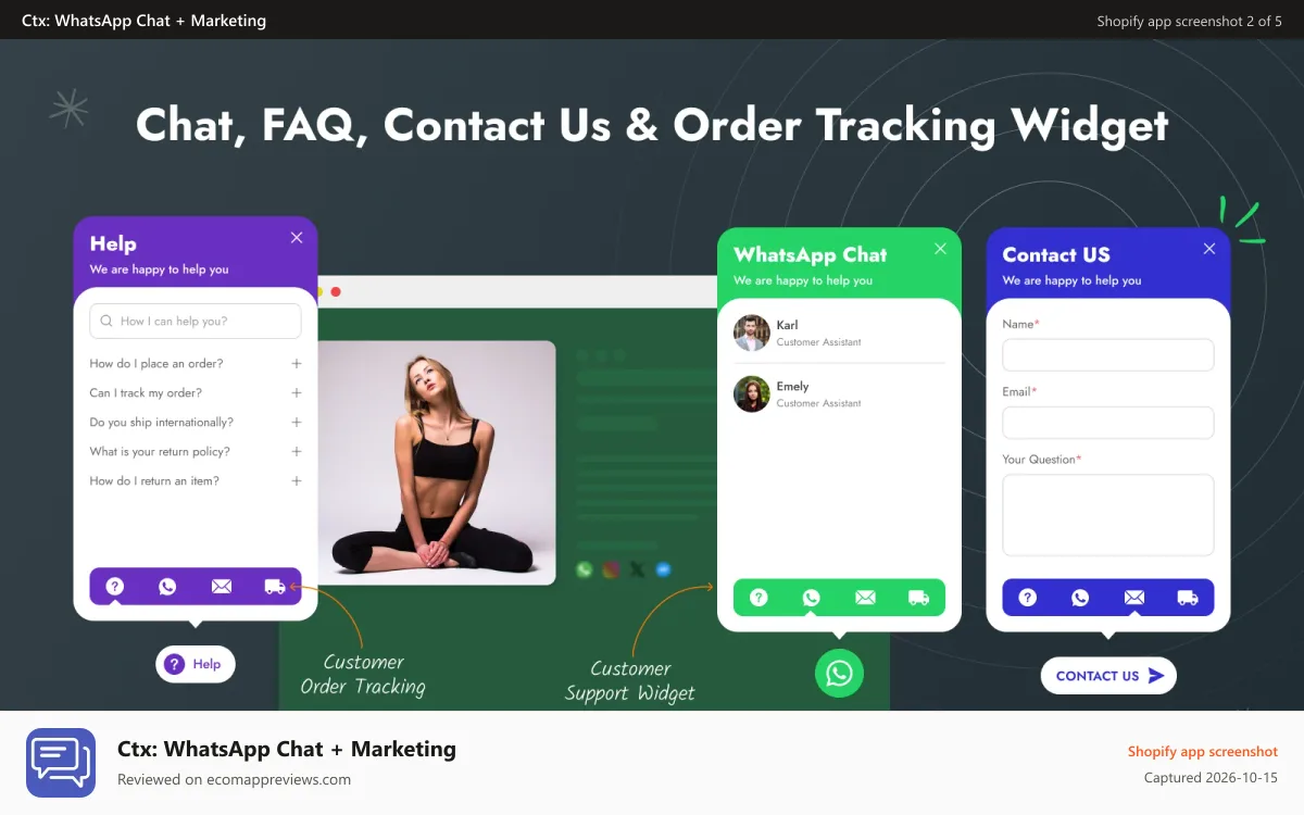 Ctx: WhatsApp Chat + Marketing Shopify app screenshot: multiple choice for whatsapp chat button, chat, faqs, contact us