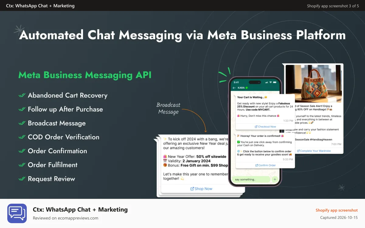 Ctx: WhatsApp Chat + Marketing Shopify app screenshot: whatsapp business API for automated whatsapp messages.