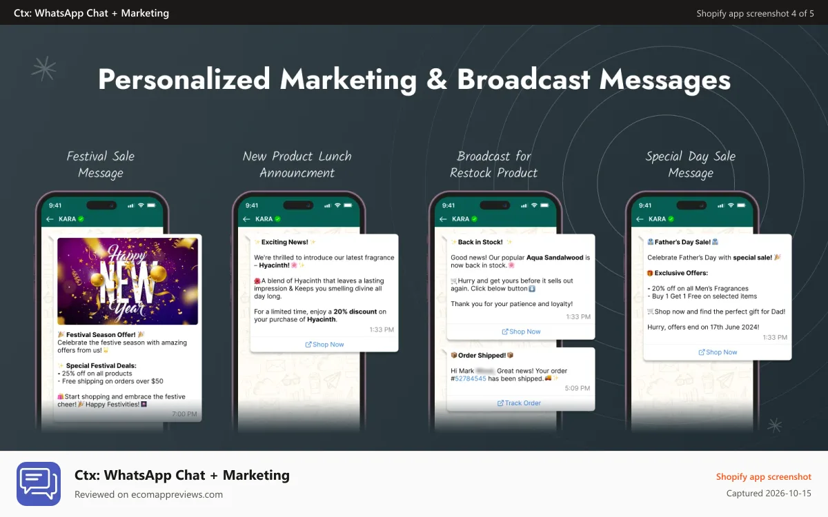 Ctx: WhatsApp Chat + Marketing Shopify app screenshot: order related notifications, automated whats app messages & more
