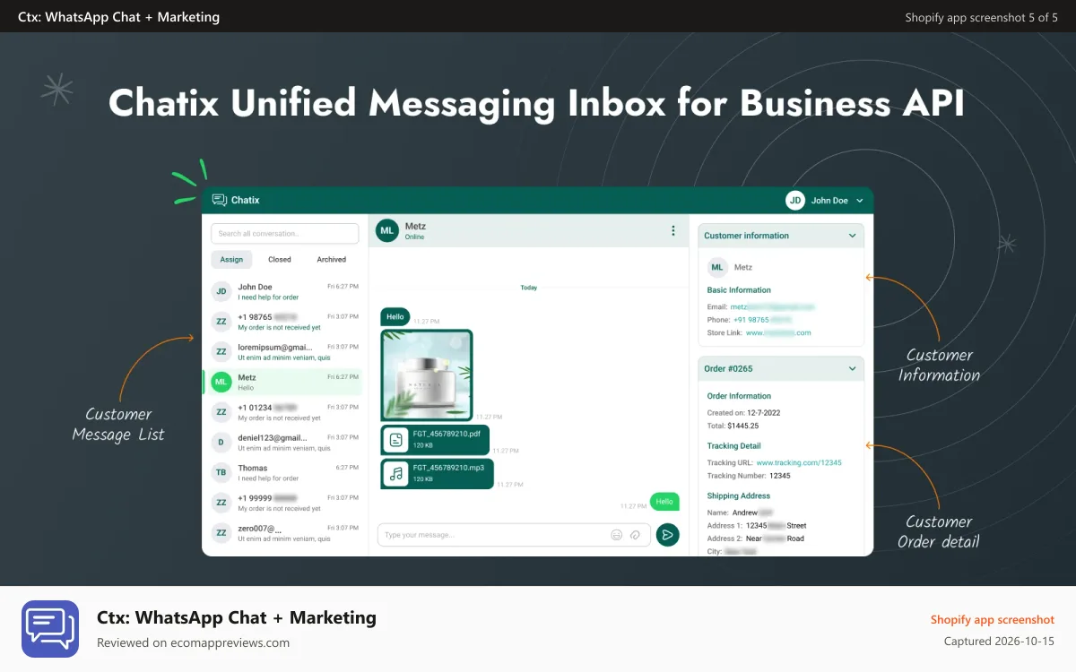 Ctx: WhatsApp Chat + Marketing Shopify app screenshot: shared inbox to chat with customers using API number.