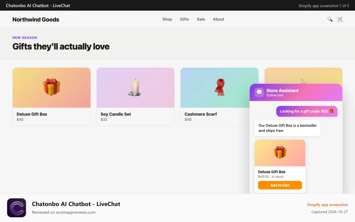 Chatonbo AI Chatbot ‑ LiveChat Shopify app screenshot: AI chat widget recommending a product on a shopify store