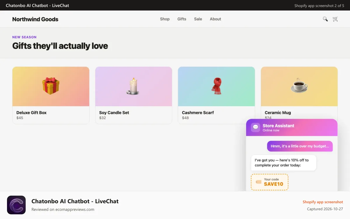 Chatonbo AI Chatbot ‑ LiveChat Shopify app screenshot: AI agent offering a discount code to recover a sale