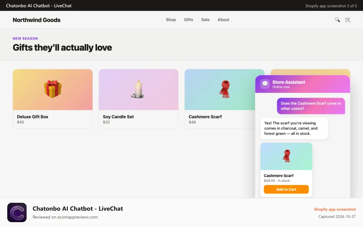 Chatonbo AI Chatbot ‑ LiveChat Shopify app screenshot: Browsing-aware AI agent answering a product question