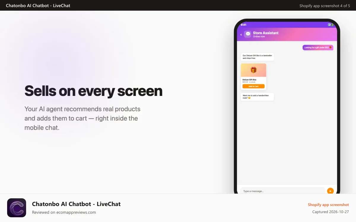Chatonbo AI Chatbot ‑ LiveChat Shopify app screenshot: Chatonbo AI agent selling on mobile