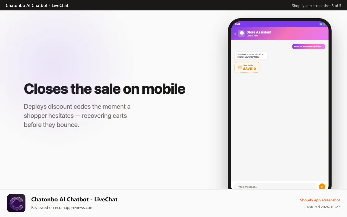 Chatonbo AI Chatbot ‑ LiveChat Shopify app screenshot: Chatonbo recovering a mobile cart with a discount code