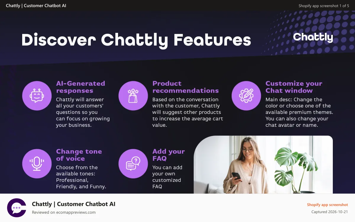 Chattly | Customer Chatbot AI Shopify app screenshot: Learn more about Chattly - Discover Chattly Features