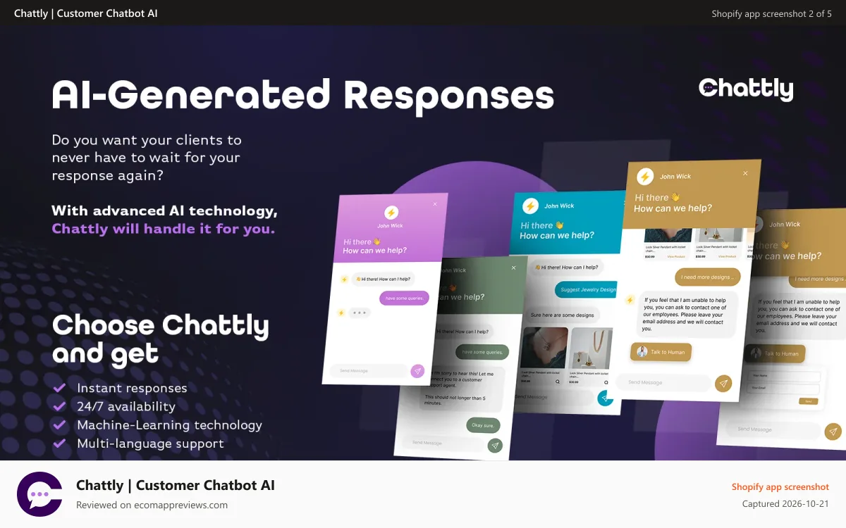 Chattly | Customer Chatbot AI Shopify app screenshot: AI-Generated Responses - learn about what you will get