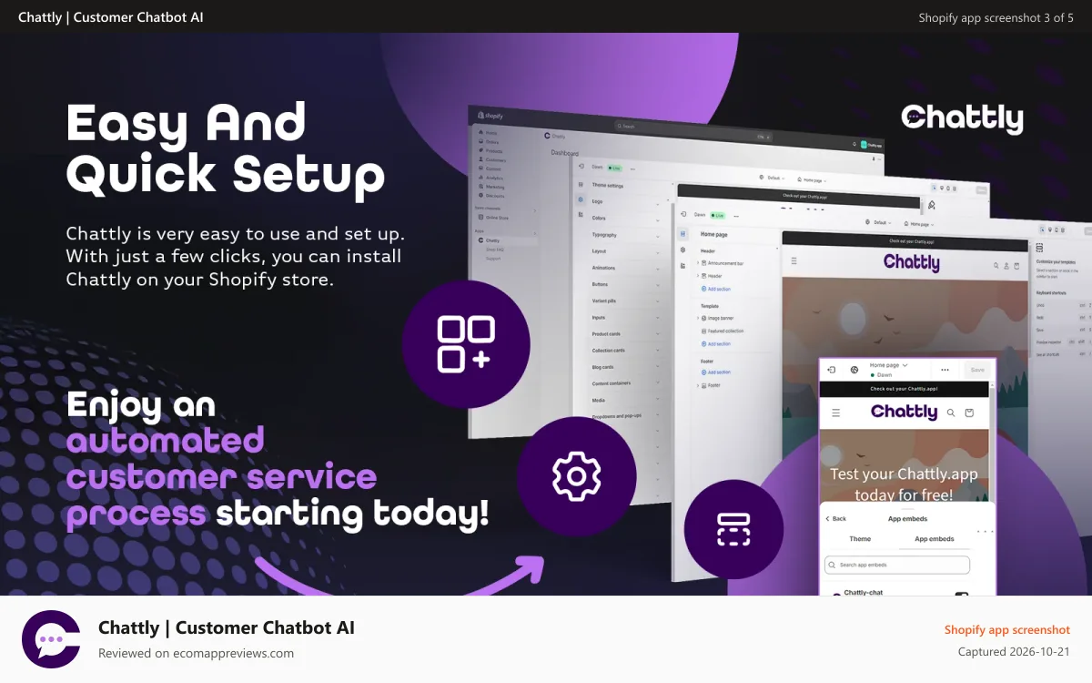 Chattly | Customer Chatbot AI Shopify app screenshot: Easy and quick setup - don't waste your time for technical stuff