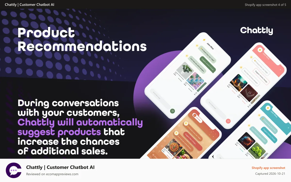 Chattly | Customer Chatbot AI Shopify app screenshot: Product recommendations - increase your sales with Chattly