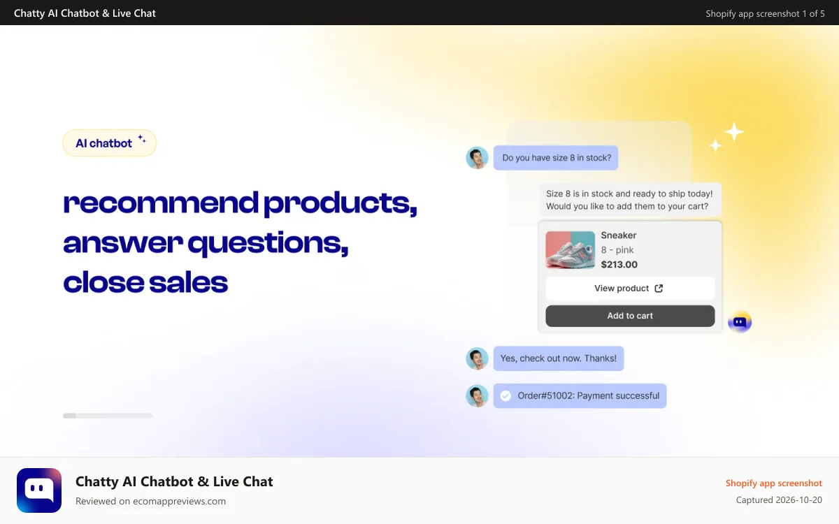 Chatty AI Chatbot & Live Chat Shopify app screenshot: Chatty Live chat, FAQs, customer support solution for Shopify