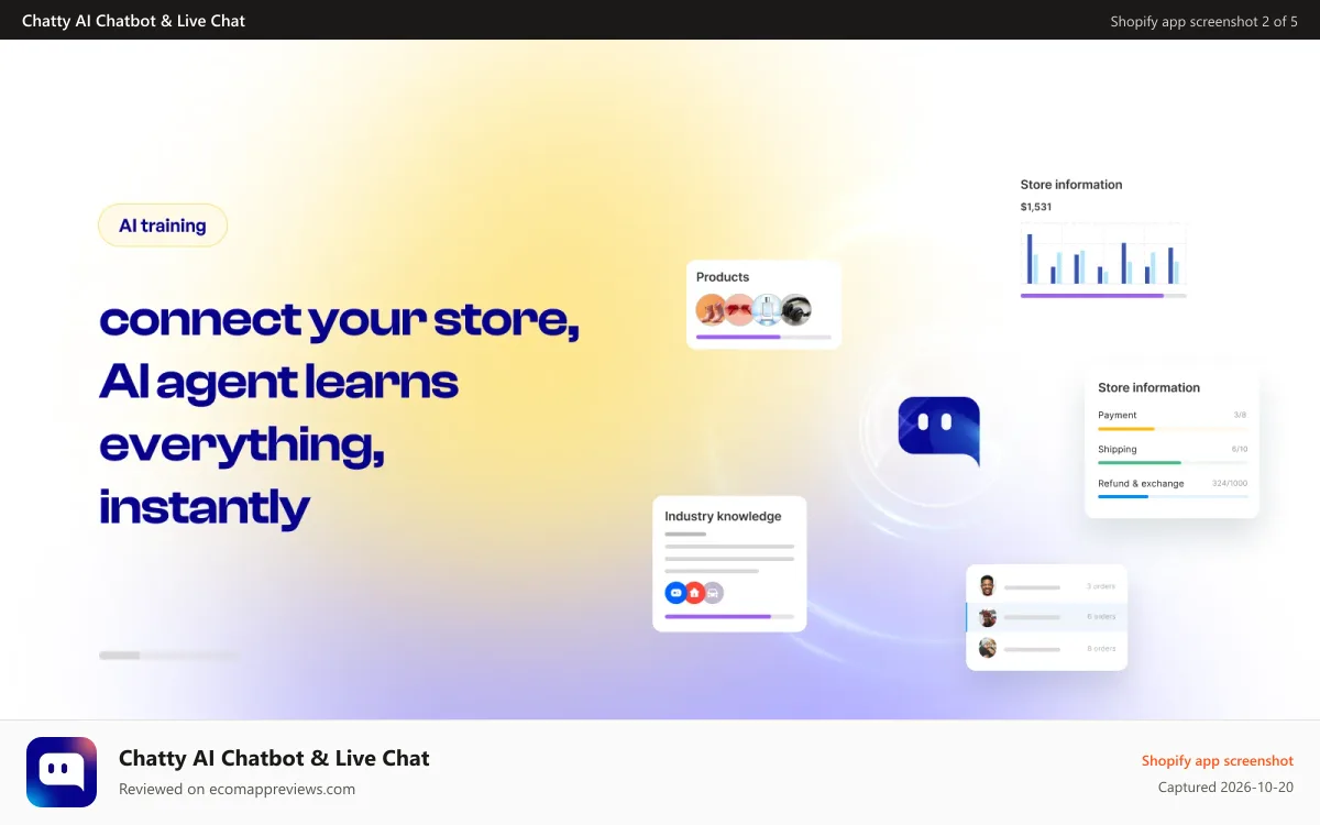 Chatty AI Chatbot & Live Chat Shopify app screenshot: Enhance customer support with AI chatbot trained by store data