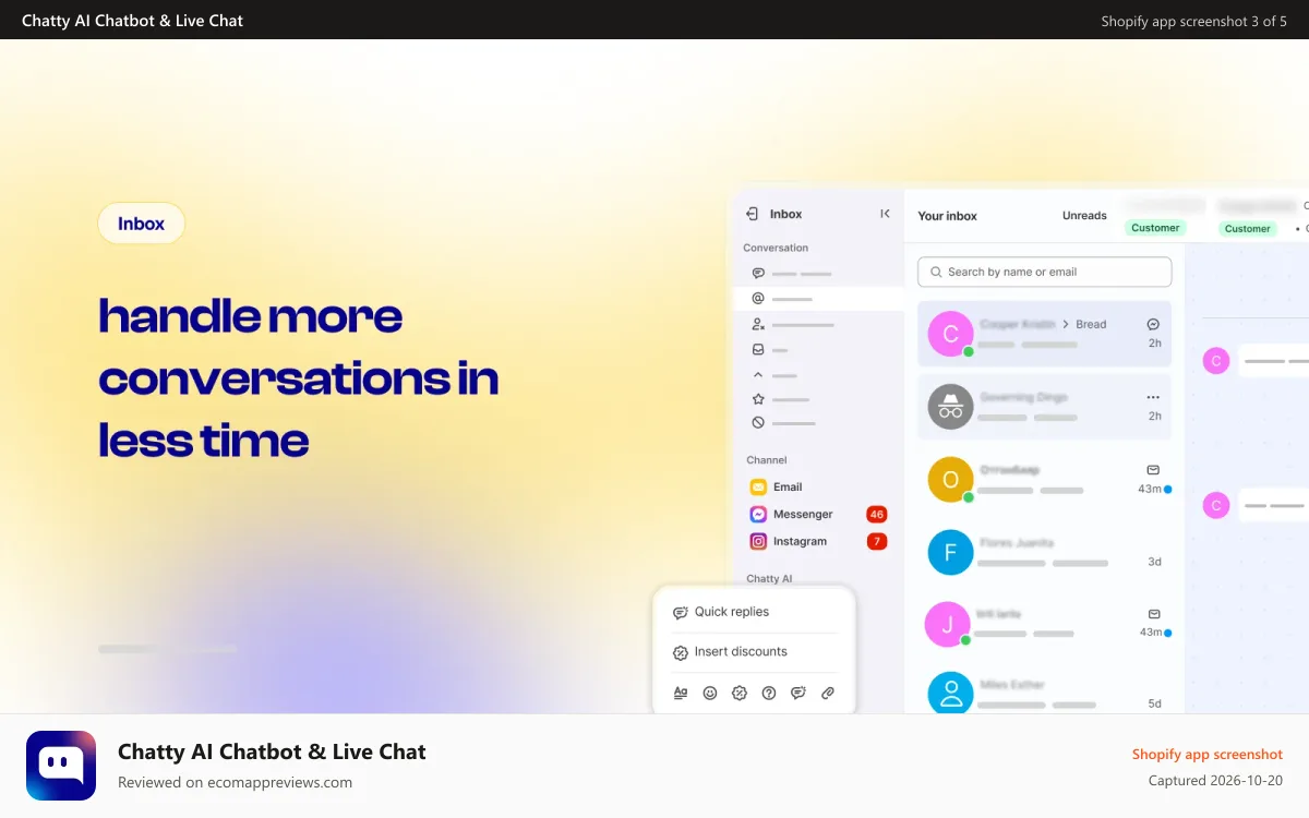 Chatty AI Chatbot & Live Chat Shopify app screenshot: Include all contact methods in one inbox