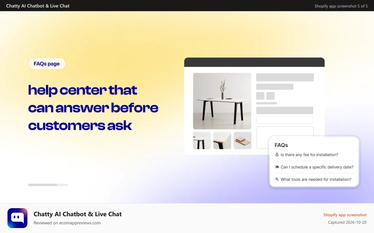 Chatty AI Chatbot & Live Chat Shopify app screenshot: Helpdesk that manage customer questions