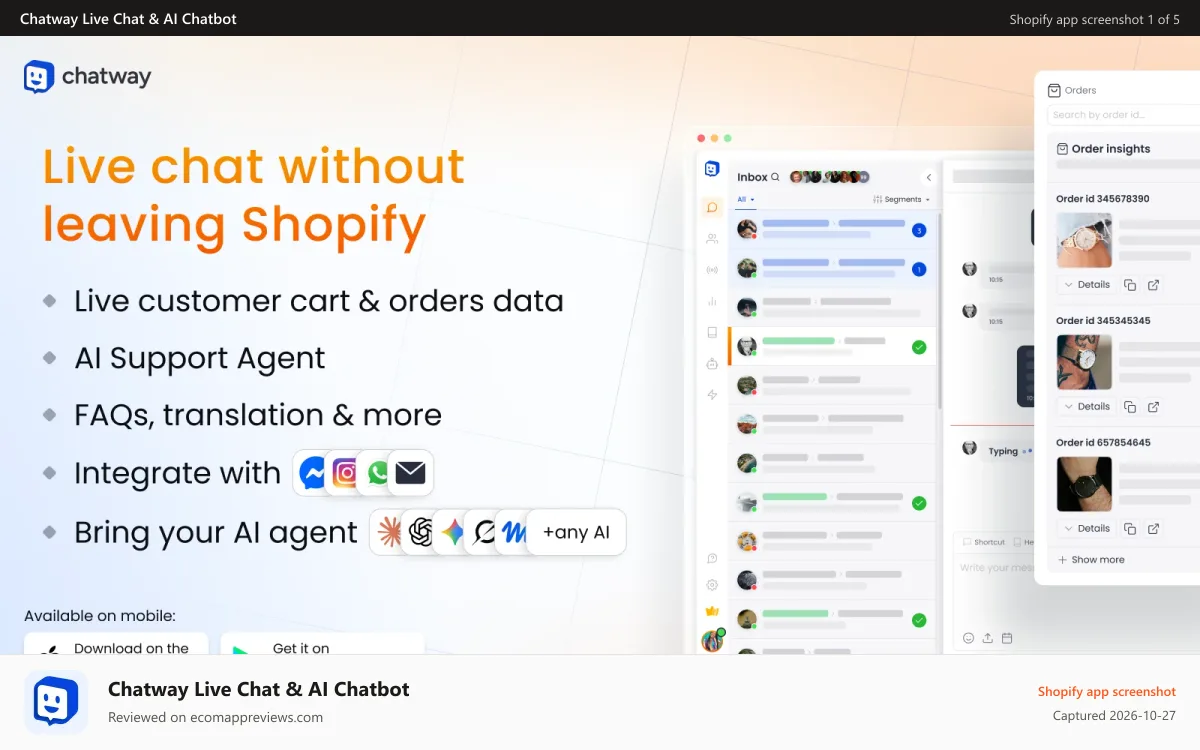 Chatway Live Chat & AI Chatbot Shopify app screenshot: Live Chat, AI chatbot agent & FAQ. Live chat with your visitors