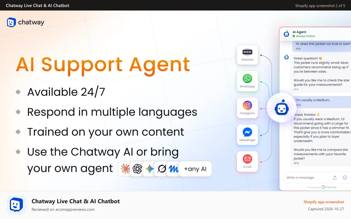 Chatway Live Chat & AI Chatbot Shopify app screenshot: AI chatbot agent for smarter support, your AI chatbot agent 24/7