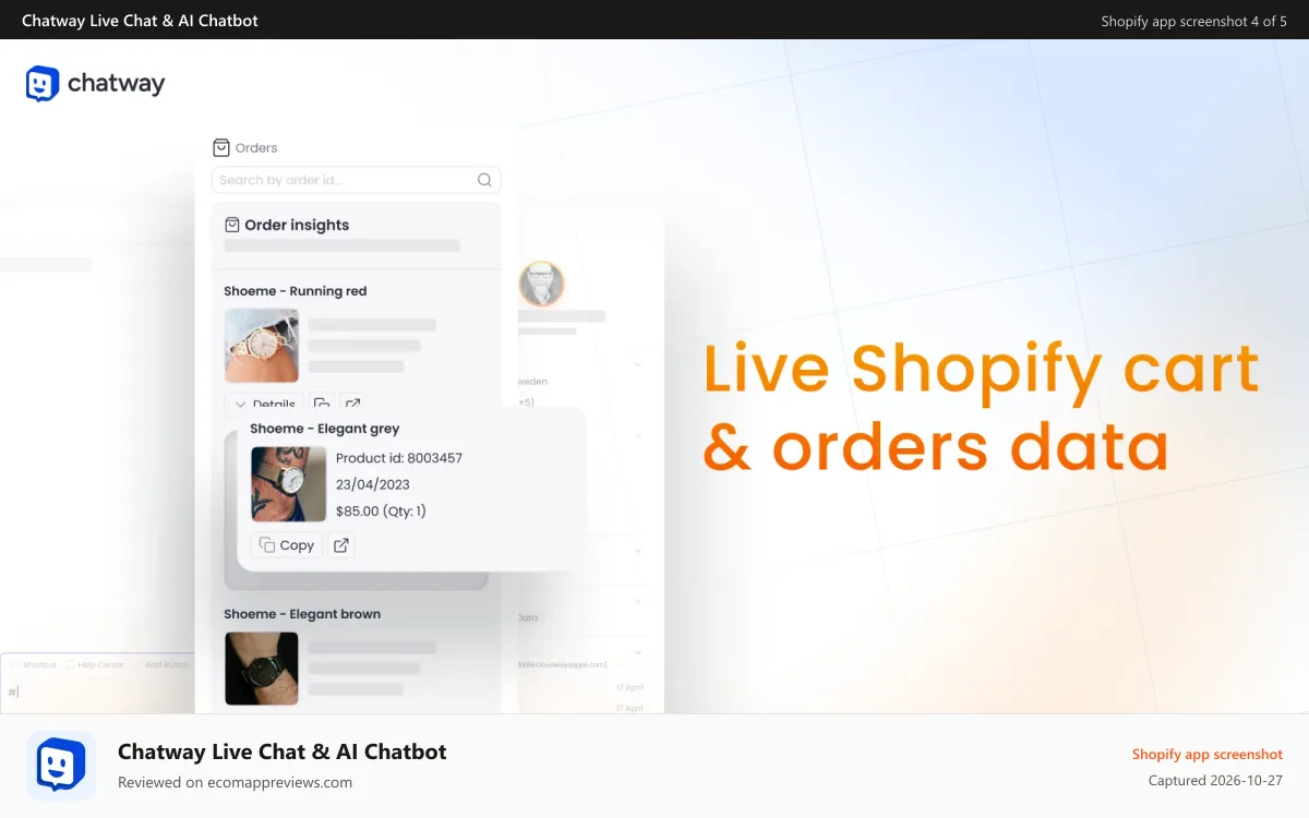 Chatway Live Chat & AI Chatbot Shopify app screenshot: Access & share Shopify visitors' data from the live chat inbox