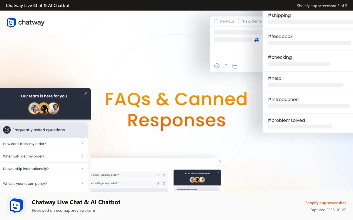 Chatway Live Chat & AI Chatbot Shopify app screenshot: Canned responses & FAQ for better live chat inbox customer care