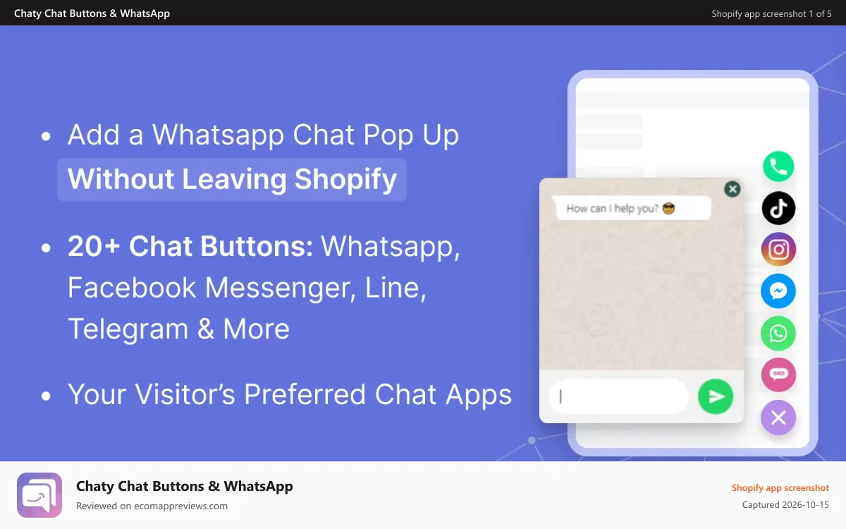 Chaty Chat Buttons & WhatsApp Shopify app screenshot: Add WhatsApp, Facebook Messenger, Line & 20+ chat buttons