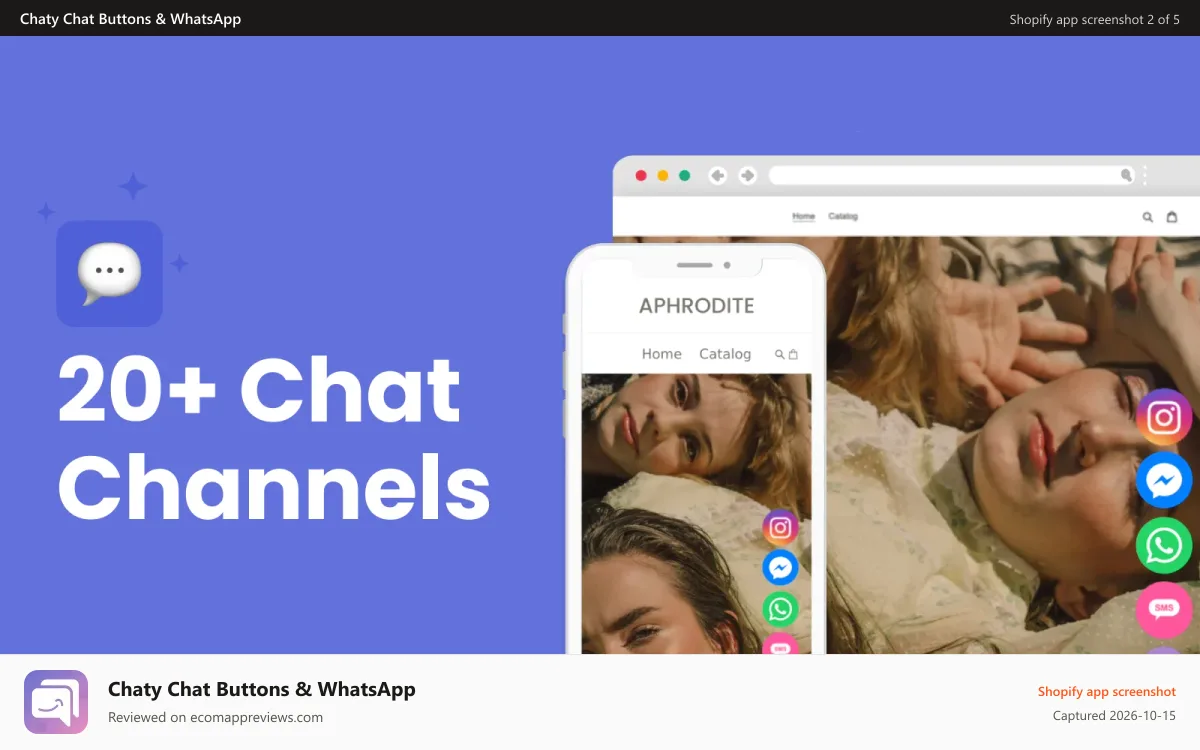 Chaty Chat Buttons & WhatsApp Shopify app screenshot: Add as many chat channels as you want to your chat widget