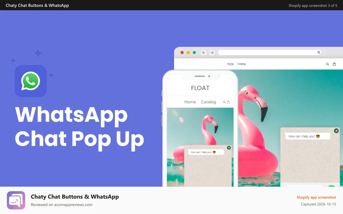 Chaty Chat Buttons & WhatsApp Shopify app screenshot: Create a WhatsApp pop up & chat with your visitors on WhatsApp