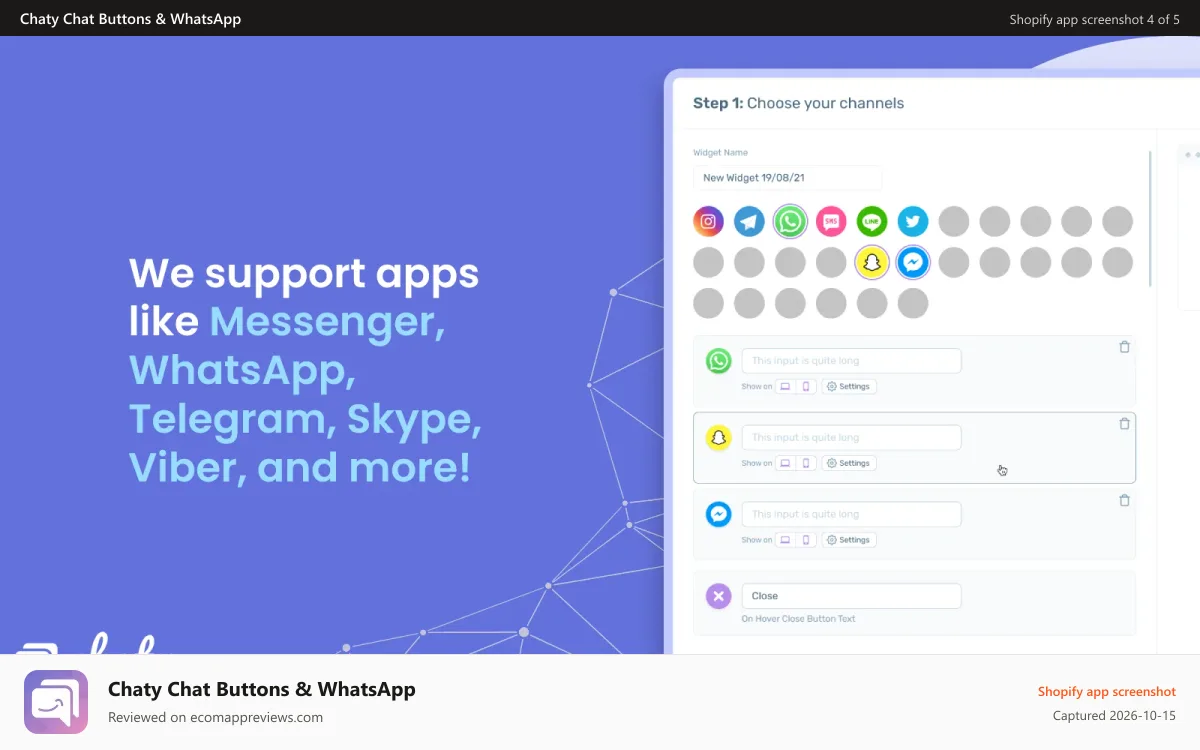 Chaty Chat Buttons & WhatsApp Shopify app screenshot: Choose from a variety of click to chat channels (Whatsapp &more)