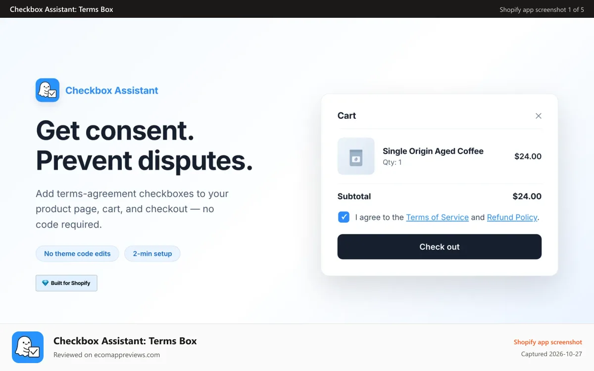 Checkbox Assistant: Terms Box Shopify app screenshot: Terms and conditions checkbox in a Shopify cart drawer