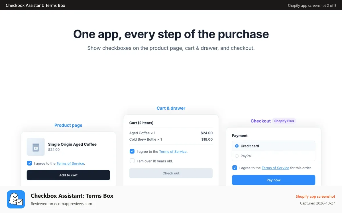Checkbox Assistant: Terms Box Shopify app screenshot: Terms checkboxes on product page, cart, drawer, and checkout