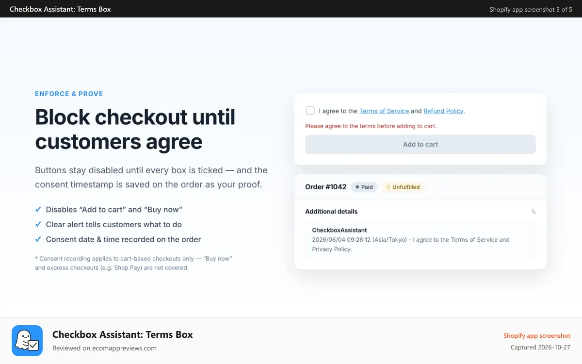 Checkbox Assistant: Terms Box Shopify app screenshot: Add to cart blocked until agreed, consent timestamp on order