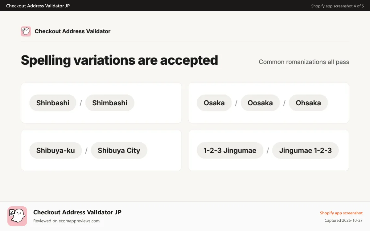 Checkout Address Validator JP Shopify app screenshot: Accepted spelling variations like Shinbashi and Shimbashi