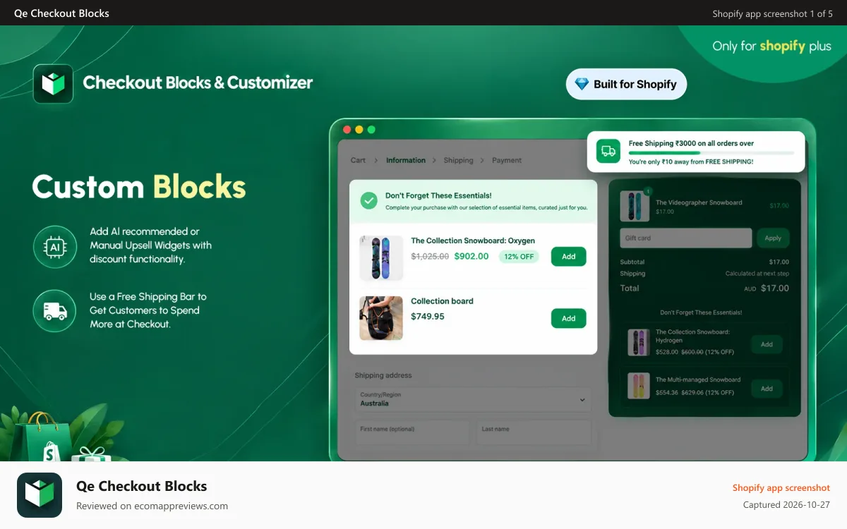 Qe Checkout Blocks Shopify app screenshot: Checkout Customizer,Blocks, Plus