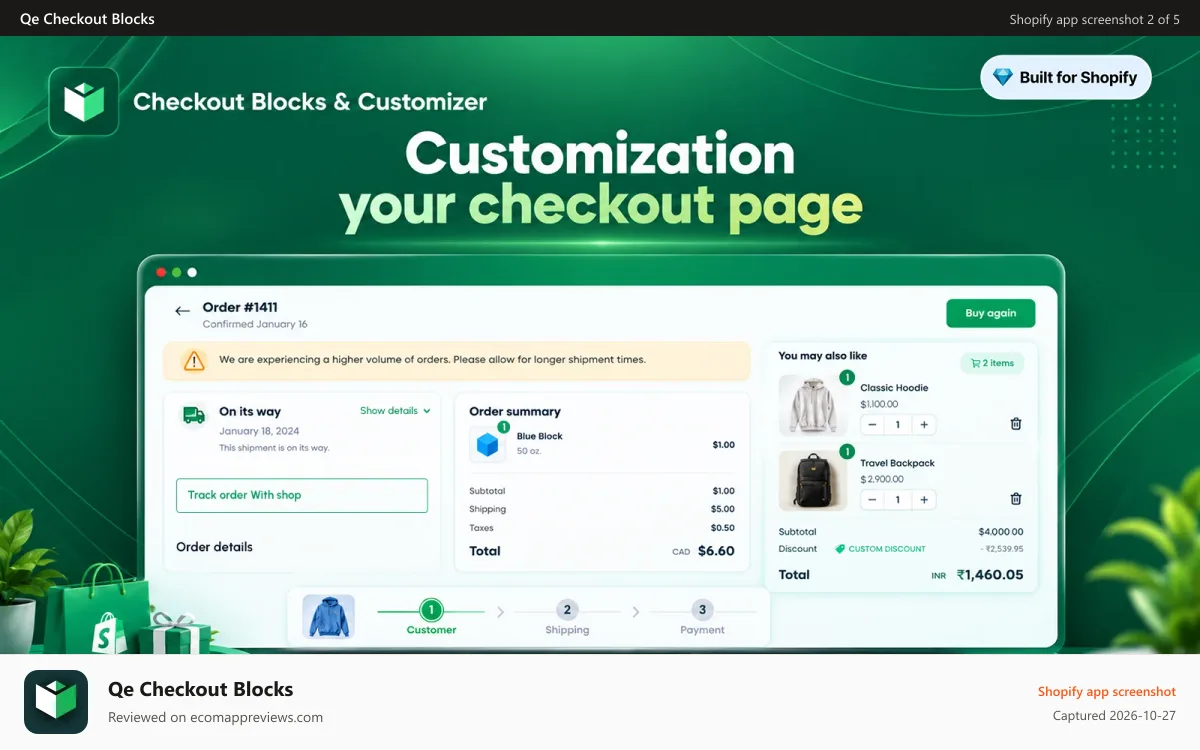 Qe Checkout Blocks Shopify app screenshot: List of Order Details on Cart Page using Checkout Customizer