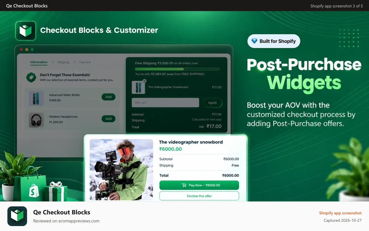 Qe Checkout Blocks Shopify app screenshot: Post Purchase Widgets using Checkout Blocks